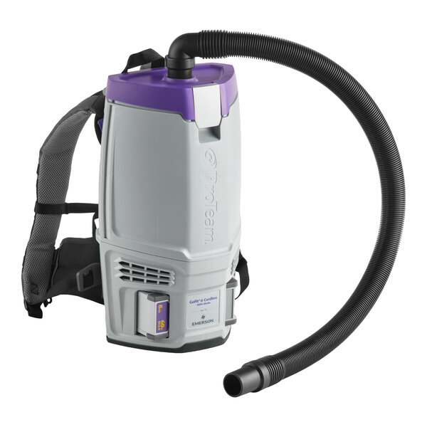 A cordless backpack vacuum with a hose and harness, designed for portable cleaning.