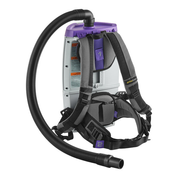 A cordless backpack vacuum with a hose and harness, designed for portable cleaning.