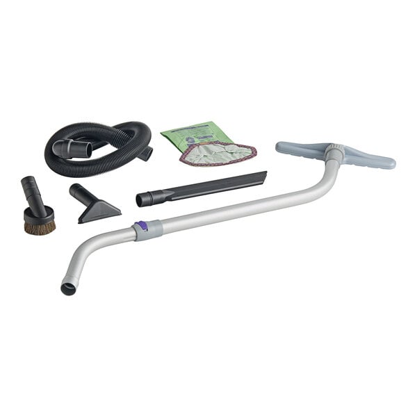 A cordless backpack vacuum tool kit with various attachments, a hose, and a vacuum bag.