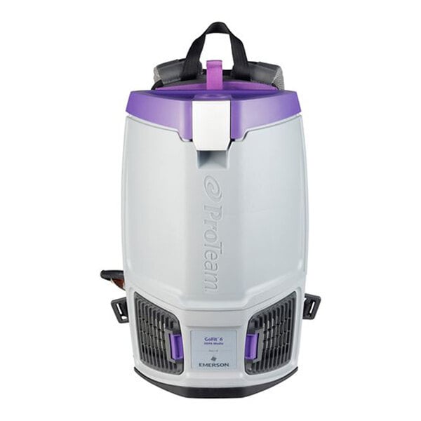 A ProTeam GoFit 6 backpack vacuum cleaner with a purple lid and carrying straps.