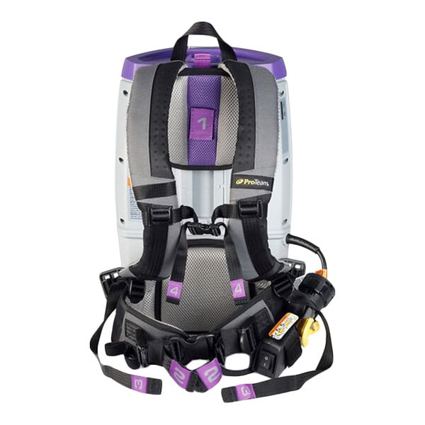 A ProTeam GoFit 6 backpack vacuum cleaner with padded shoulder straps and attached harness.