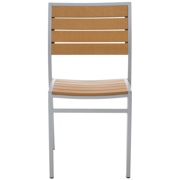 A BFM Seating Largo side chair with a synthetic teak back and a silver frame.