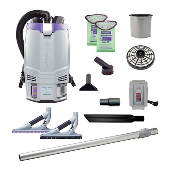 A cordless backpack vacuum cleaner kit with various attachments and accessories, including hard surface and carpet tools, filters, and a battery charger.