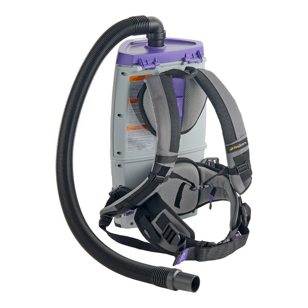 A cordless backpack vacuum with a hose and harness, designed for cleaning hard surfaces and carpets.