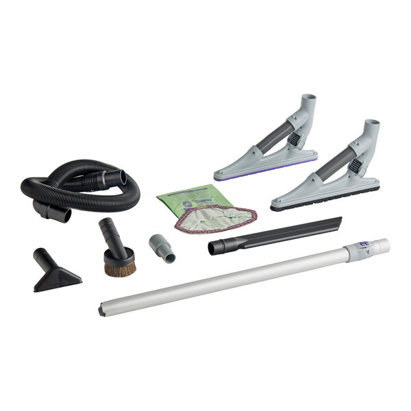 A cordless backpack vacuum accessory kit including various nozzles, extension wands, a hose, and vacuum bags.