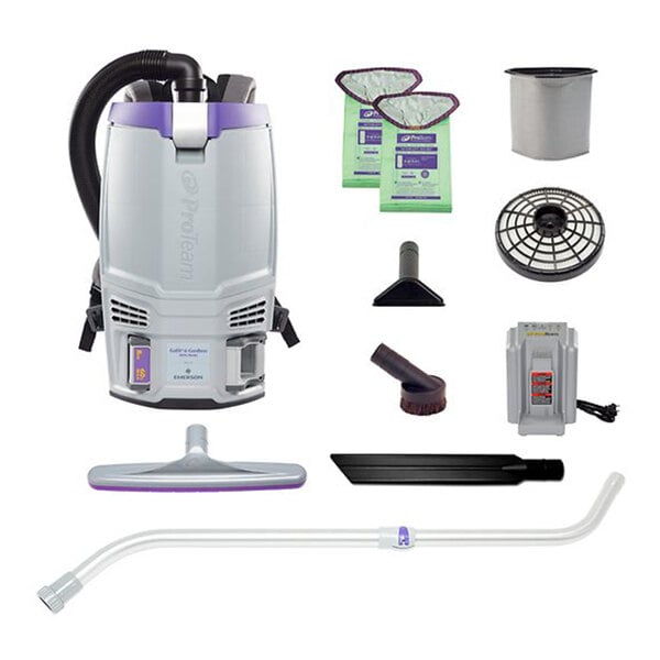 A cordless backpack vacuum cleaner kit with various attachments and accessories.
