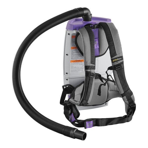 A cordless backpack vacuum with a hose and adjustable shoulder straps.