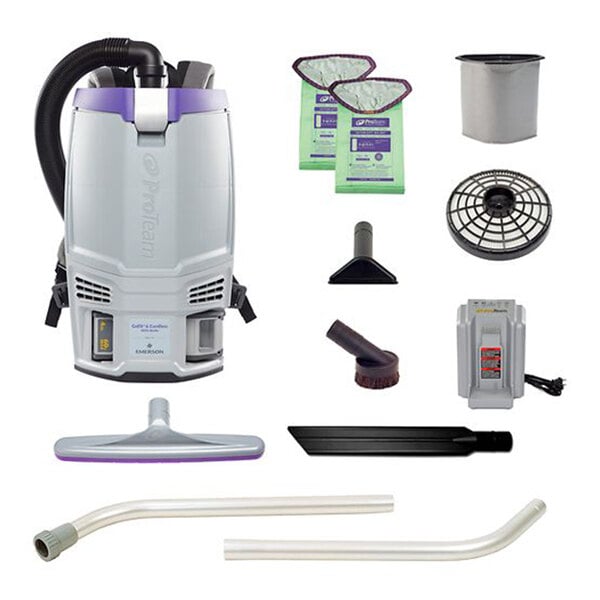 A cordless backpack vacuum cleaner kit with various attachments, filters, bags, and a battery charger.