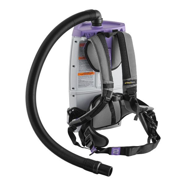 A cordless backpack vacuum with padded shoulder straps and a flexible hose attachment.