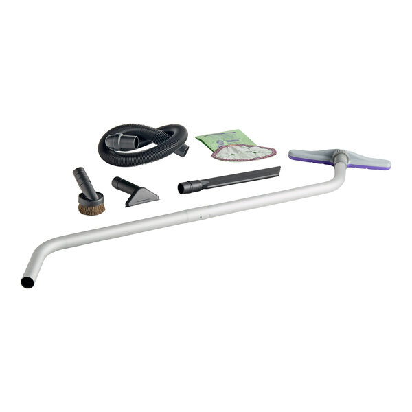 A cordless backpack vacuum accessory kit including a hose, wand, various nozzles, and a filter bag.