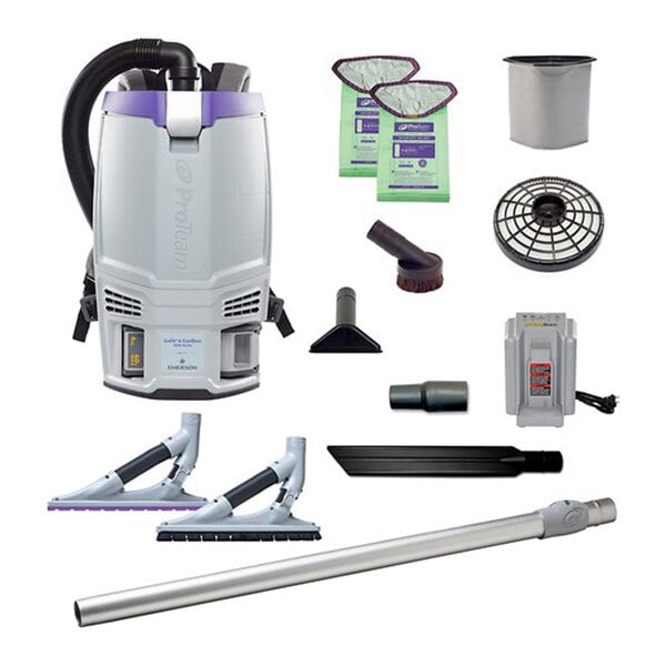 A cordless backpack vacuum cleaner kit with various attachments and accessories.