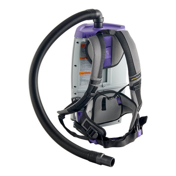 A cordless backpack vacuum with padded shoulder straps and a flexible hose attachment.