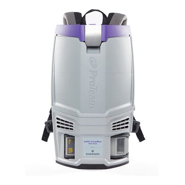 A cordless backpack vacuum cleaner with shoulder straps and a compact, ergonomic design.