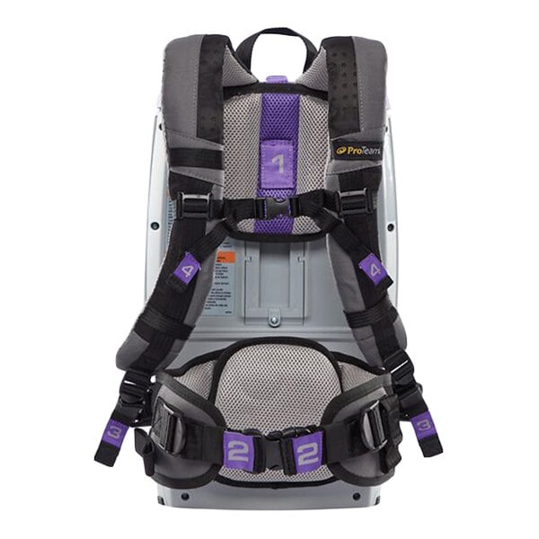 A cordless backpack vacuum with adjustable padded straps and a mesh back panel.