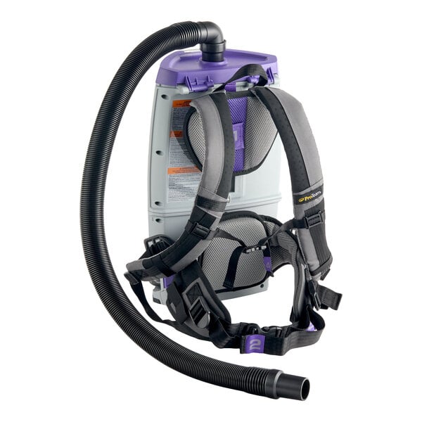 A cordless backpack vacuum with a hose and padded shoulder straps.