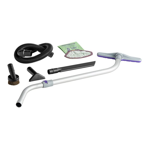 A cordless backpack vacuum accessory kit including a telescoping wand, hose, various nozzles, and filter bags.
