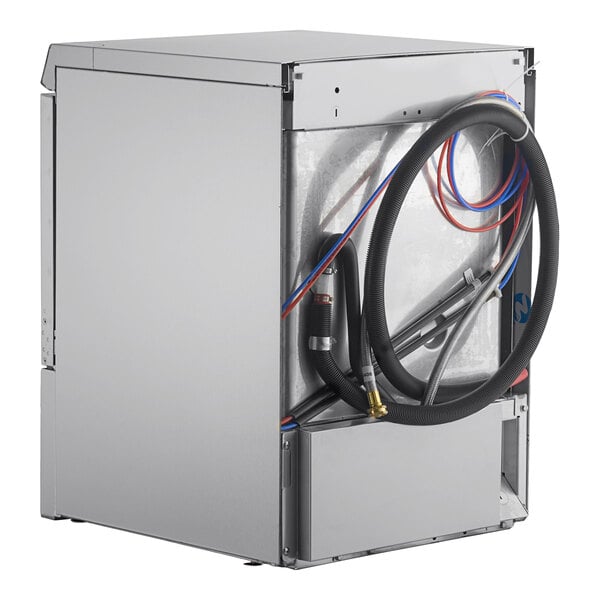 A commercial undercounter dishwasher with attached hoses and installation components visible on the back.