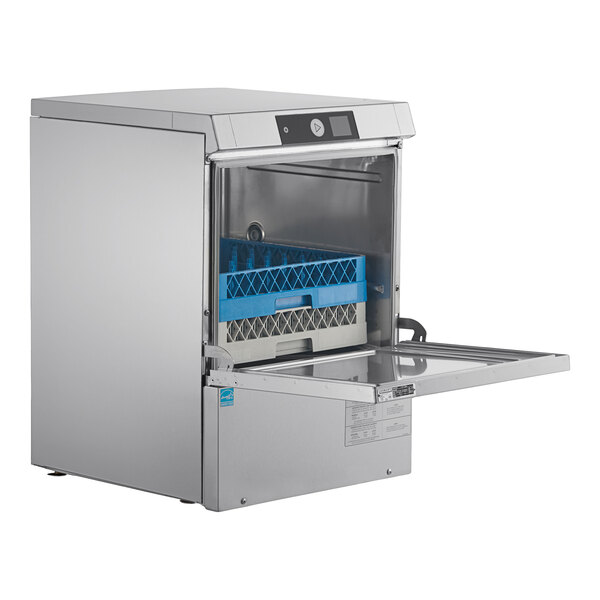 A commercial undercounter dishwasher with a stainless steel exterior and an open front door showing a blue dish rack inside.