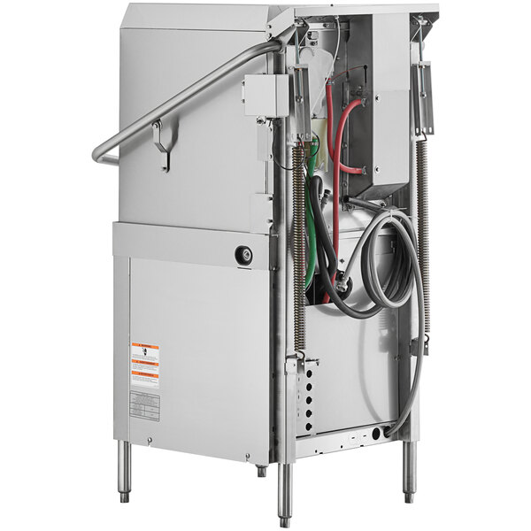 A commercial stainless steel high temperature door-style ventless electric dishwasher with visible wiring and hoses.