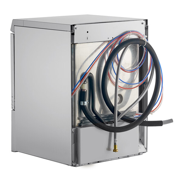 A commercial undercounter dishwasher with visible hoses and installation fittings on the back.