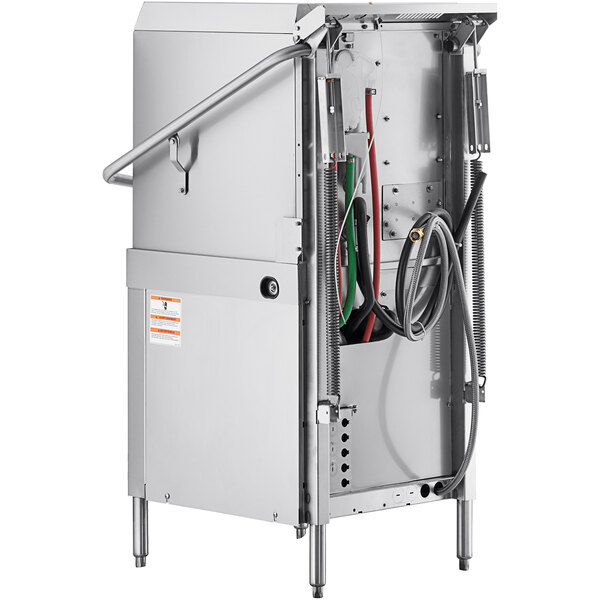 A commercial stainless steel high temperature door-style electric dishwasher with visible internal hoses and components.