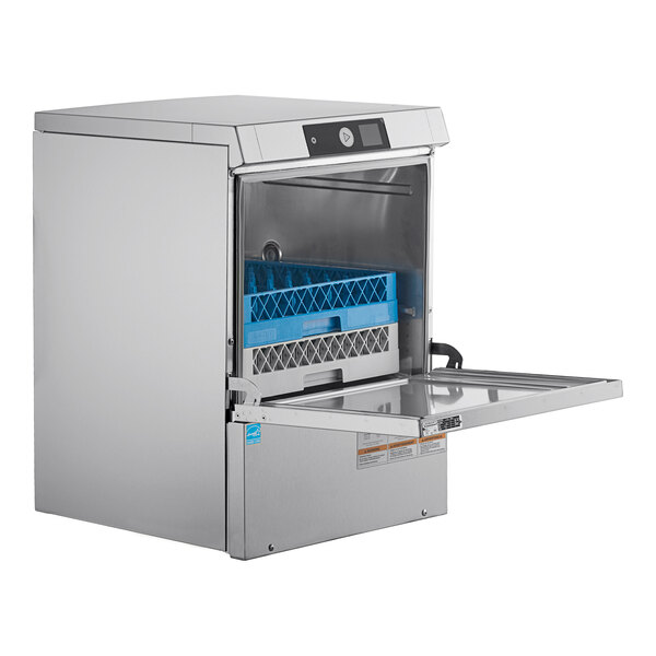 A stainless steel undercounter dishwasher with an open front door and a blue dish rack inside.