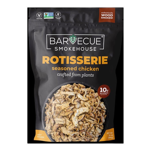 A bag of Barvecue Smokehouse rotisserie seasoned plant-based shredded chicken.