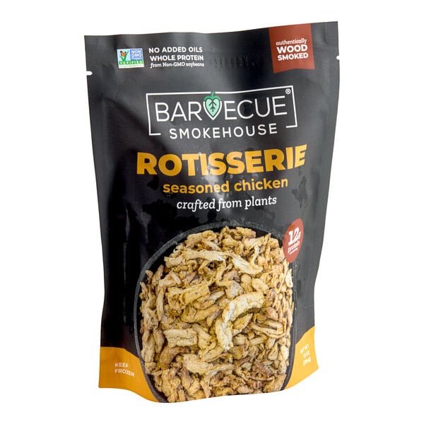 A bag of Barvecue Smokehouse plant-based rotisserie seasoned chicken crafted from plants.