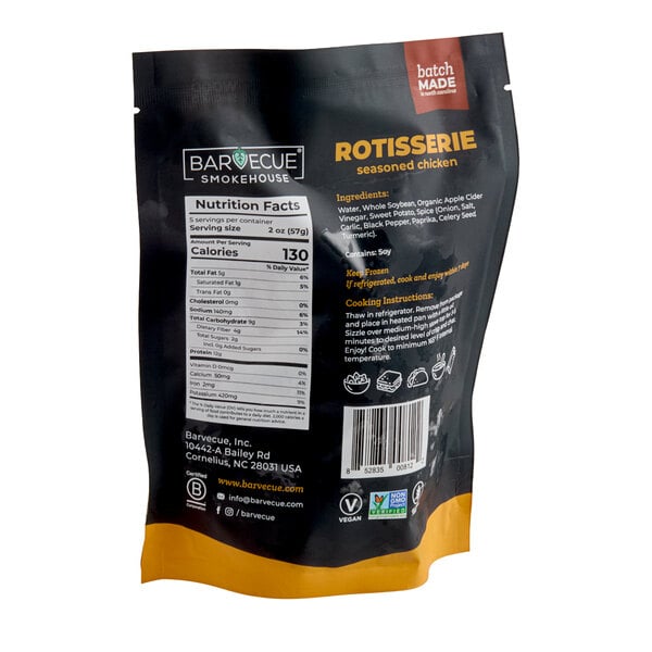 A package of Barvecue plant-based vegan wood-smoked rotisserie seasoned shredded chicken.