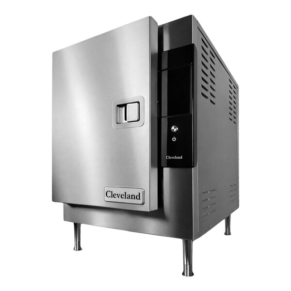 A stainless steel electric countertop boilerless convection steamer with easyTouch controls, designed to hold six pans.