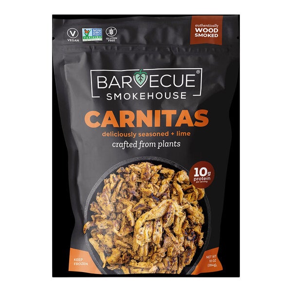 A bag of Barvecue Smokehouse plant-based vegan wood-smoked carnitas, 10 oz.