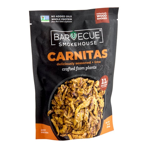 A bag of Barvecue Smokehouse plant-based vegan wood-smoked carnitas.