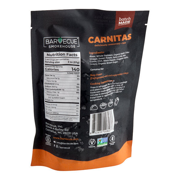 A 10 oz. package of Barvecue plant-based vegan wood-smoked carnitas.
