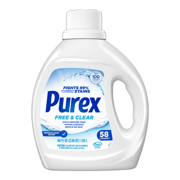 A 66 oz. bottle of Purex Free & Clear liquid laundry detergent.