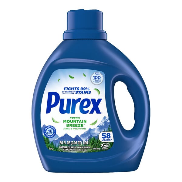 A 66 oz. bottle of Purex Fresh Mountain Breeze liquid laundry detergent.