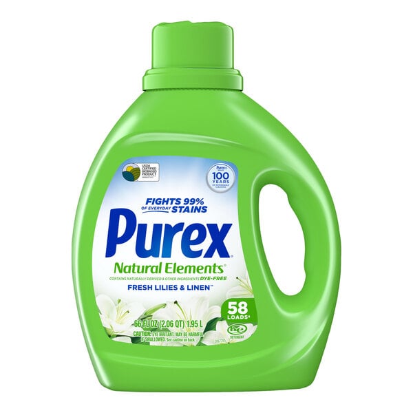 A green bottle of Purex Natural Elements Fresh Lilies & Linen liquid laundry detergent, 66 oz size.