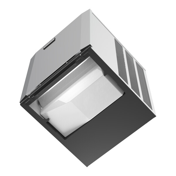 An air-cooled commercial ice machine with a stainless steel exterior and front ice bin.