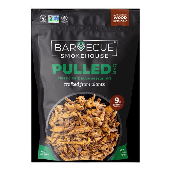 A 10 oz. package of Barvecue Smokehouse plant-based vegan wood-smoked barbecue pulled pork.