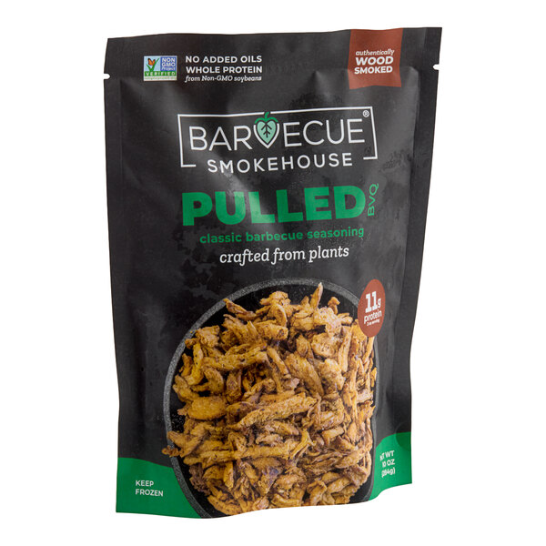 A bag of Barvecue Smokehouse plant-based vegan wood-smoked barbecue pulled pork.
