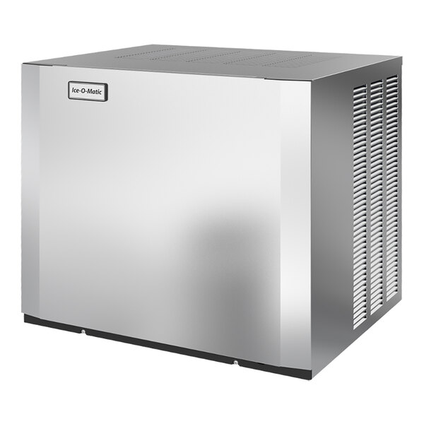 A commercial stainless steel ice machine with a vented side panel and a rectangular shape.