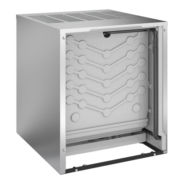 An industrial ice machine with a stainless steel exterior and an open front panel, designed for high-capacity ice production.