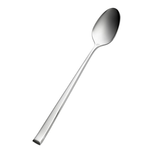 An extra heavy weight stainless steel iced tea spoon with a long handle and a polished finish.