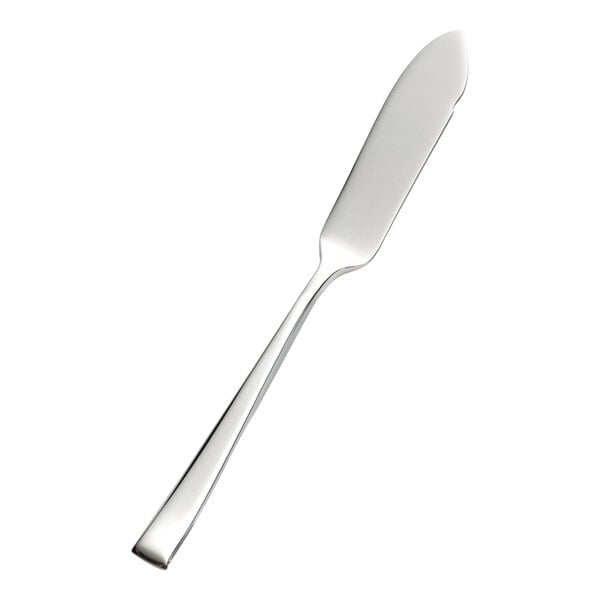 A stainless steel butter knife with a sleek, elongated blade and handle.
