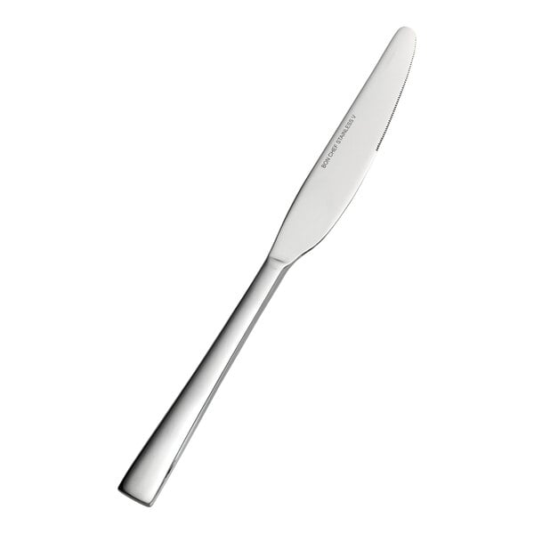 A stainless steel dinner knife with a simple, modern design.