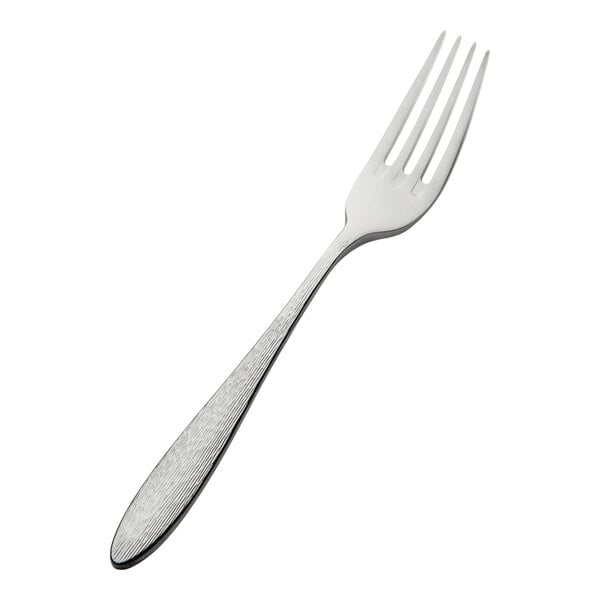 A stainless steel dinner fork with a textured handle.