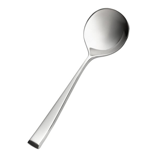 A stainless steel bouillon spoon with a round bowl and a sturdy handle.