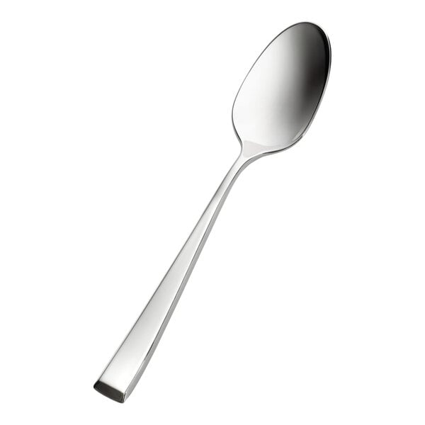 A stainless steel soup or dessert spoon with a polished finish and a slightly squared handle.