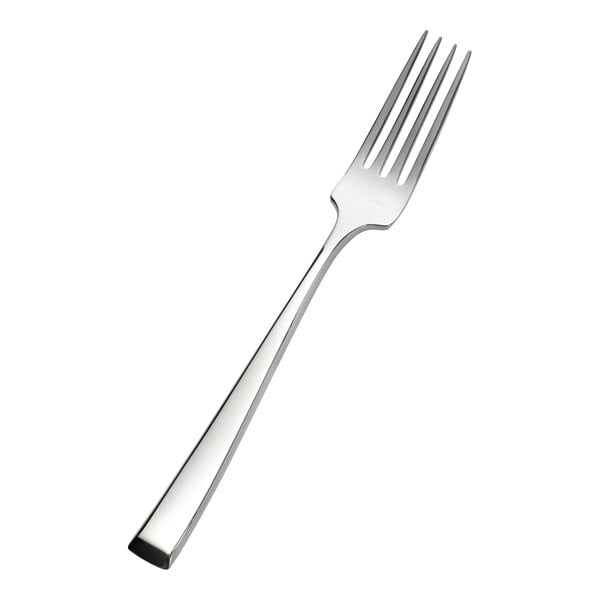 A stainless steel European dinner fork with a polished finish.