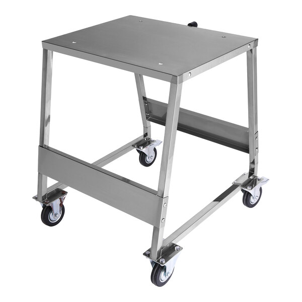 A stainless steel stand with casters designed for use with a commercial meat tenderizer.