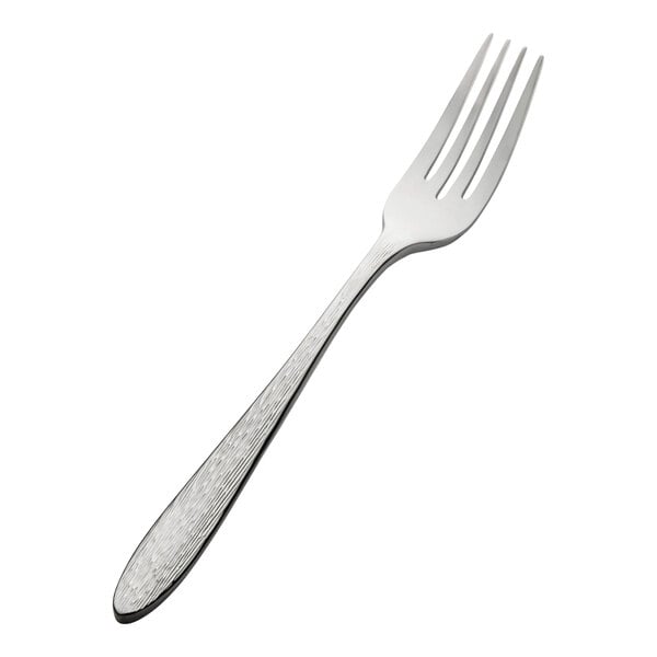 A stainless steel salad or dessert fork with a textured handle.